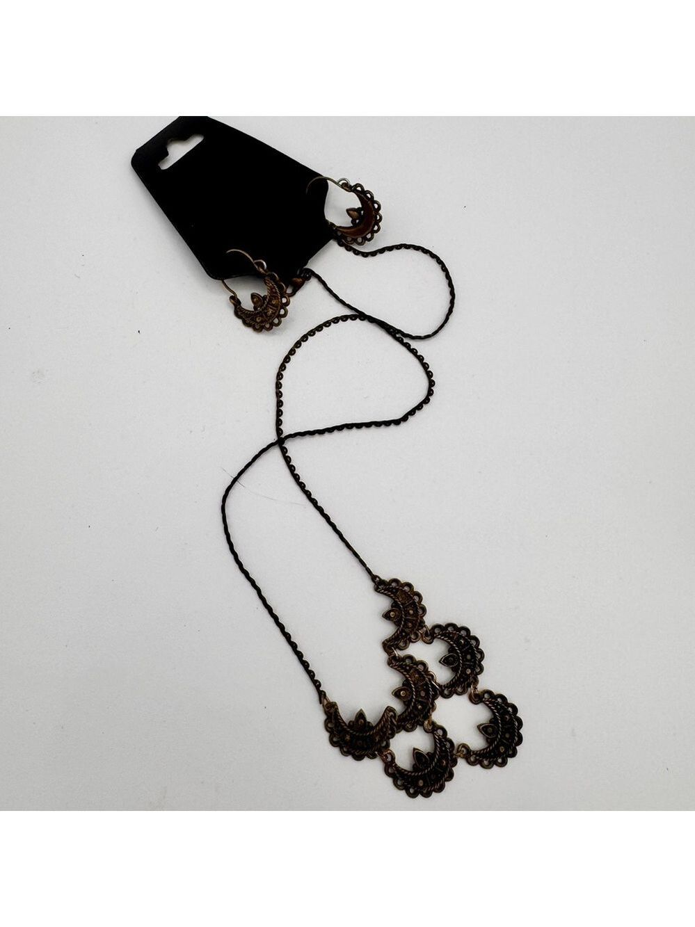 Boho Antique Brass Finish Long Necklace & Matching Earrings Set